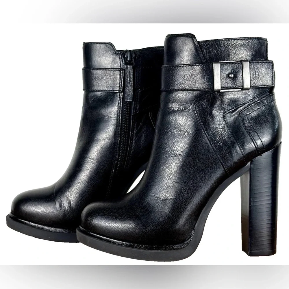 Nine West Sherbert Boots Women 5 Black Leather Moto Buckle Ankle Heeled Bootie
